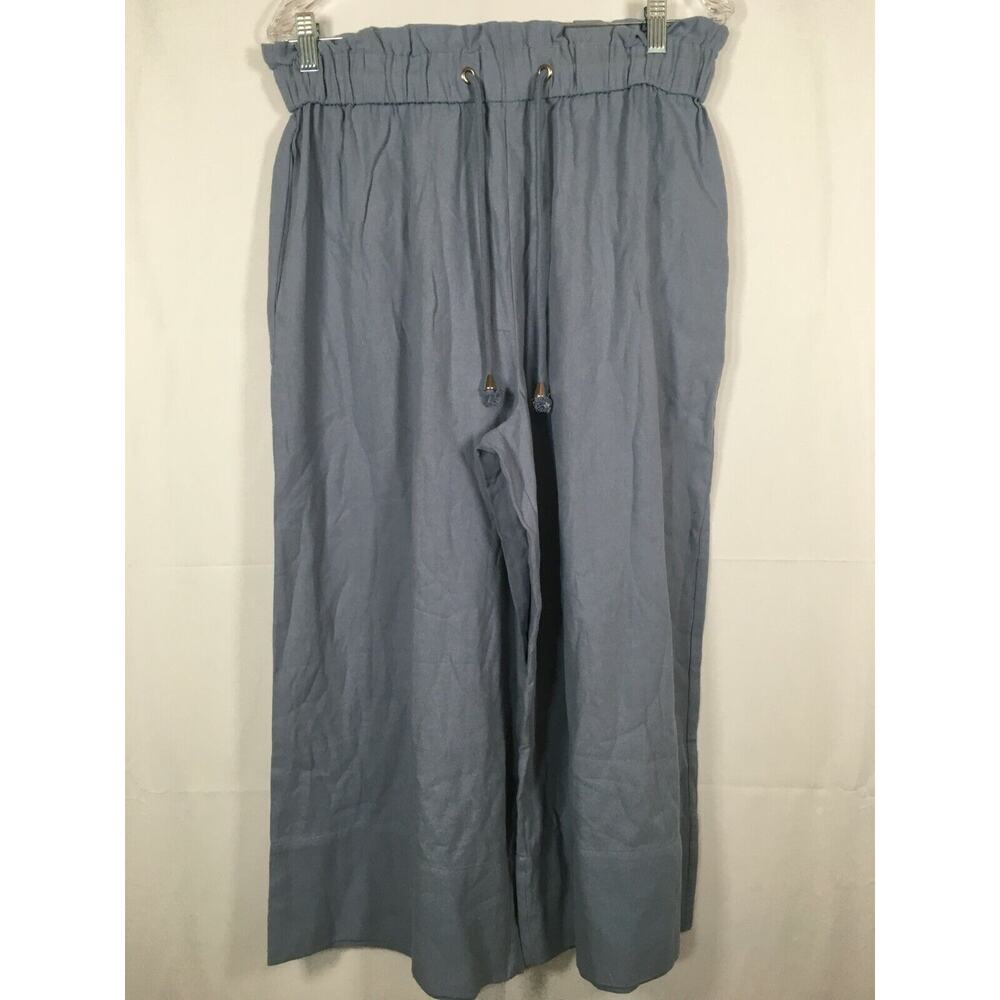 NWT Elodie Pants Womens Sz L Blue Cotton Drawstring Waist Wide Leg Capri Crop - Picture 2 of 11